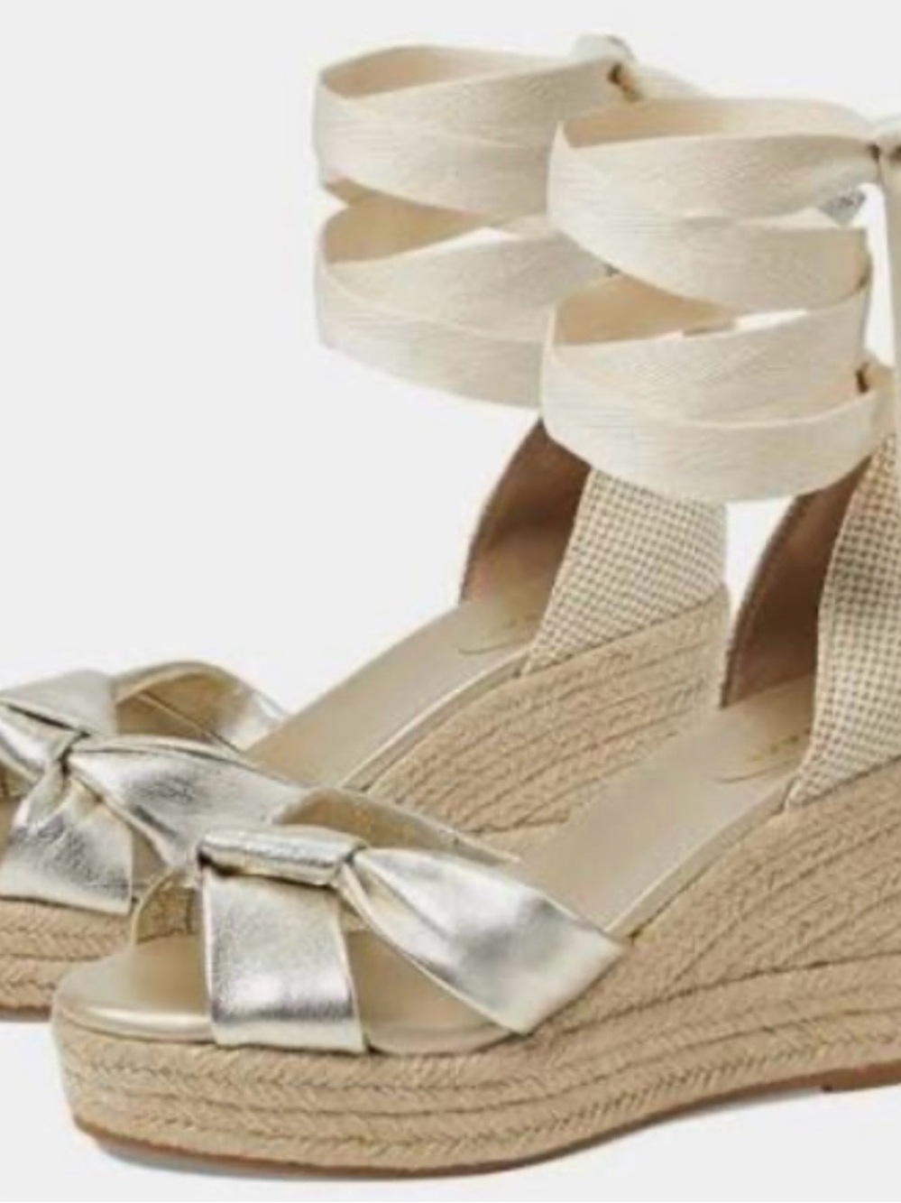 Cole Haan Metallic Gold Bow Espadrille Wedge Sandals with Cream Wrap